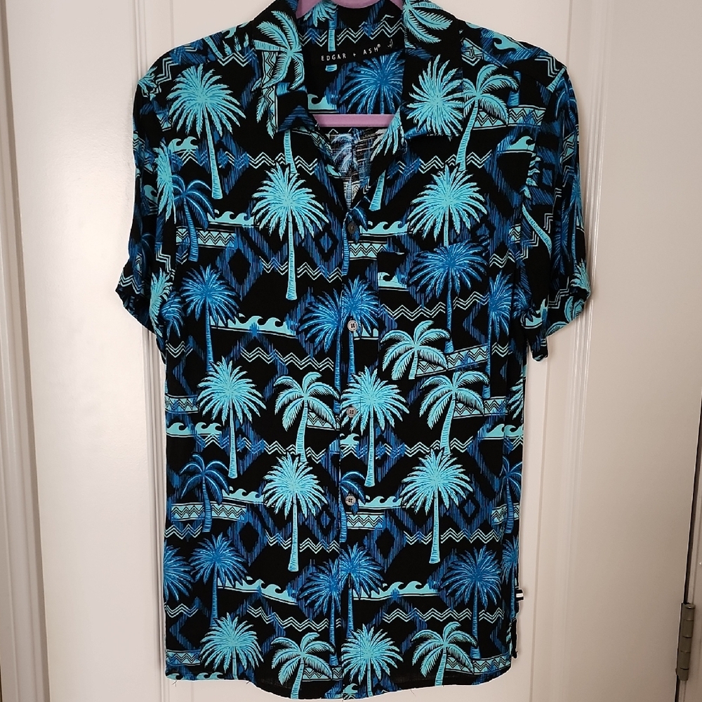 EDGAR + ASH Men's Tropical Black and Blue Shirt Sleeve Shirt Size Small